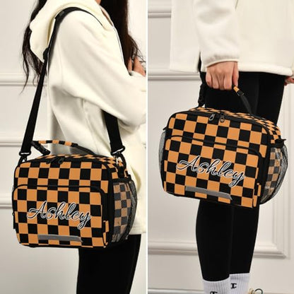 Custom Student Lunch Bag for Boys Girls Black Orange Checkerboard Personalized Lunch Box With Name Insulated Cooler Bag for School Picnic Travel - color: Multi01