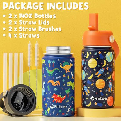 Fimibuke Kids Insulated Water Bottle, 14oz BPA FREE Double Wall Vacuum Tumbler 18/8 Stainless Steel Leak Proof Kids Cups with Straw Metal Bottles for School Boys Girls (2 Pack, Trucks/Green Dinosaur) - color: A9. Trucks+Green Dinosaur