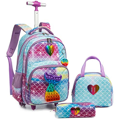 School Kids Rolling Backpack for Girls With Wheels Trolley Wheeled Backpack - color: Blue-220224-l