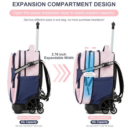 NEW TILAMI 18 Inch Expandable Rolling Backpack with 6-Wheel Stair Climbing, Waterproof Wheeled School Bag with 15.6" Laptop Sleeve for Boys Girls, Carry-on Luggage 98cm Dual-Height Handle - Pink - color: Pink