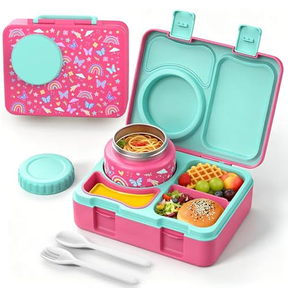 Kids Lunch Box with Thermo, Leakproof Bento Box for Kids with 8OZ Insulated Food Jar, Ice Pack, Sauce Cup, Utensils, Removable Tray & Dividers for School Daycare Travel (Rainbow butterflies) - color: Rainbow butterflies