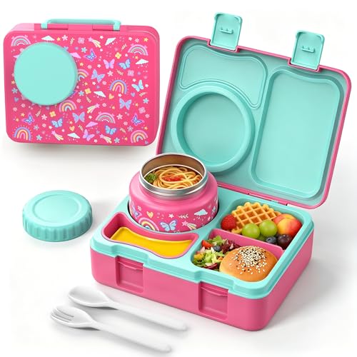 Kids Lunch Box with Thermo, Leakproof Bento Box for Kids with 8OZ Insulated Food Jar, Ice Pack, Sauce Cup, Utensils, Removable Tray & Dividers for School Daycare Travel (Rainbow butterflies) - color: Rainbow butterflies