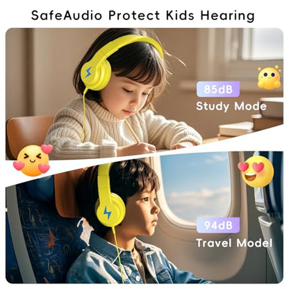 Candy Bila Kids Headphones, Wired Headphones for Kids Over Ear with Microphone, 85/94dB Volume Limiter Headphone for Girls Boys, Foldable Headphone for Learning & Entertainment, Yellow - color: Yellow