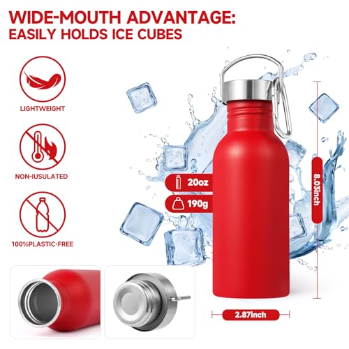 Volhoply 20oz Uninsulated Single Walled Water Bottle, Stainless Steel Reusable Water Bottles with Handle & Carabiner, BPA Free 18/8 304 Sports Water Bottles for Camping Hiking（Red,1） - color: Red