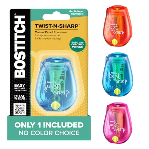 Bostitch Office Pencil Sharpener, Manual, One Assorted Color, Twist-n-Sharp, Kids, Boys, Girls, Colored Pencils, 1 Pack | 1 Assorted Color, Adjustable for fine point or blunt tip. Easy to use, twist instead of crank. Works on any standard pencil. - color: