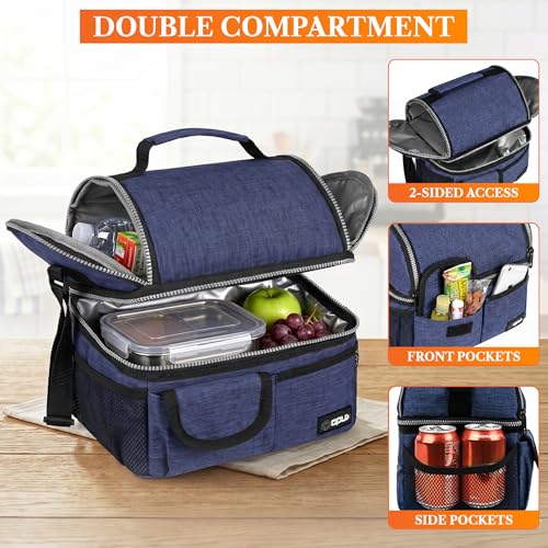 opux Insulated Lunch Bag Women Men, Dual Compartment Leakproof Lunch Box Adults Kids, Double Decker Meal Prep Bento Lunch Cooler Tote with Shoulder Strap for Work Office School Travel, Navy Blue - color: Heather Navy