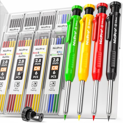 Nicpro 4 Pack Carpenter Pencil with Sharpener, Mechanical Carpenter Pencils with 52 Refills, Construction Pencil Heavy Duty Woodworking Pencils for Architect (Red, Black, Yellow, Blue) - color: Black,Red,Yellow,Green, size: 4 Pack