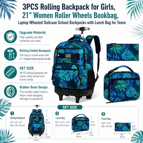 3Pcs Rolling Backpack for Men, 19 Inche Adult Bag with Roller Wheels, Wheeled Bookbag Set for Boys - Green - color: Leaf Green