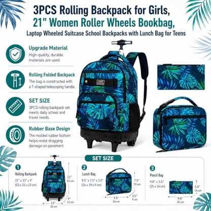 3Pcs Rolling Backpack for Men, 19 Inche Adult Bag with Roller Wheels, Wheeled Bookbag Set for Boys - Green - color: Leaf Green