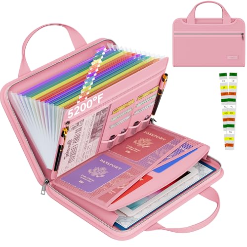 Tamfile Fireproof Accordion File Organizer, Expanding File Folder, Pink | 13 Pocket Colorful, Handle, Zipper & Labels, Multi-Pockets Paper Organizer, for Letter A4 Files, Home, Office, School - color: Pink, style: Colour Pocket