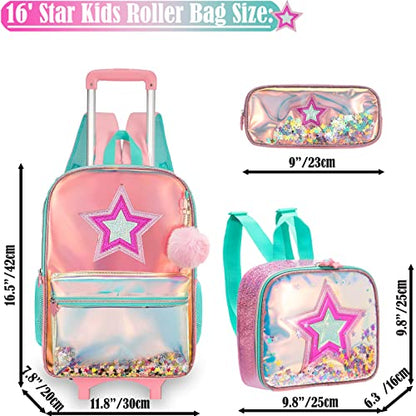 School Kids Rolling Backpack for Girls With Wheels Trolley Wheeled Backpacks Travel Bags 3PCS With Lunch Box Kids Rolling Suitcase Pink - color: Magic Color-1216-2