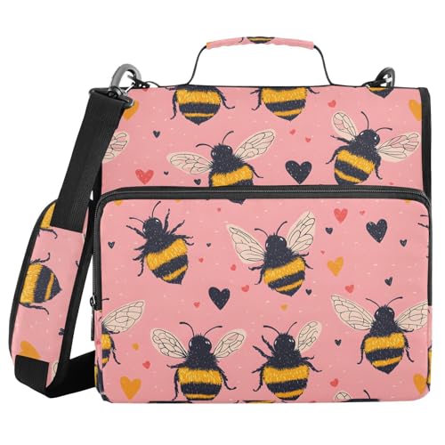 3 Ring Zipper Binder Rustic Bee Love Heart Pink Binders Bag with Shoulder Strap 500 Sheets Paper Organizer Trapper Keeper Documents Storage File Folder for School Office - color: A103