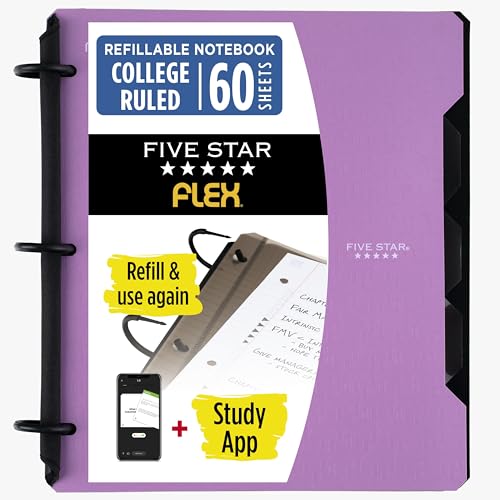Five Star Flex Refillable Notebook + Study App 1 Inch O-Rings Binder with Pockets Tabs and Dividers, 220 Sheet Capacity, Includes 60 Sheets 8.5" x 11" College Ruled Paper, Amethyst (29328AB6) - color: Purple, size: 1 Count (Pack of 1)