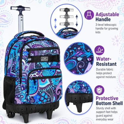 gxtvo Rolling Backpack for Women, Adults Wheeled Bookbag with Lunch Box for Girls, Water Resistant Roller School Bag for College Teens Kids Travel - Purple Flower - color: Purple Flower