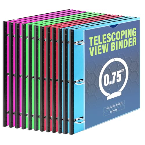 WOT I 12-Pack Telescoping 3 Ring Binder(0.75"), Expandable Flexible Binder - Patented Design for Easy Portability, Holds 8.5"x11" Paper, 4 Bright Colors, Perfect for School, Office&Home Organization - color: Vibrant Assortment -With Front Cover, size: 0.7