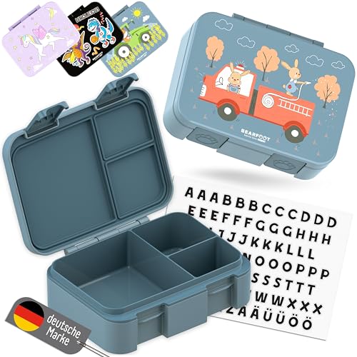 BEARFOOT Kids Lunch Box with Compartments – Compact & Lightweight | Leak-Proof, BPA-Free, Dishwasher Safe | Hand-Drawn Design for Preschool, School, Travel (Firetruck Bunnies Blue, 2.75 Cups) - color: FiretruckBunnies-Blue, size: 2.75 Cups