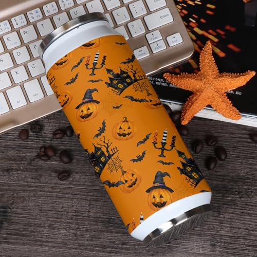 T&H XHome Halloween 14oz Stainless Steel Tumbler with Lid & Straw-Double Wall Vacuum Insulated Travel Mug Pumpkin Haunted Castle Bats Orange Water Bottle Coffee Beverage Drinks Cup - size: 14 Ounces