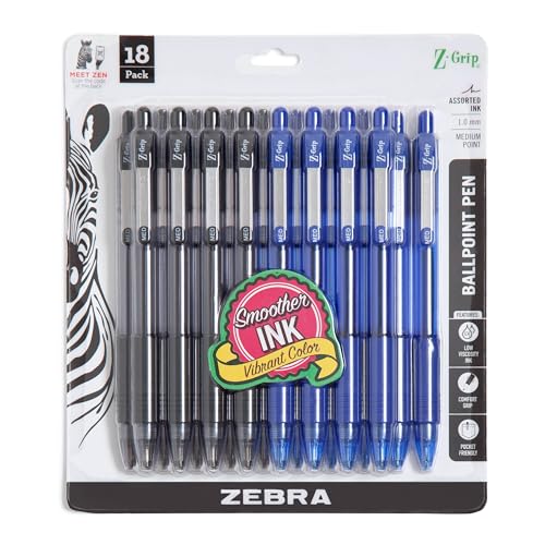 Zebra Pen Z-Grip Retractable Ballpoint Pen, Smooth-Flowing Black and Blue Ink, 1.0mm Medium Point, School & Office Supplies, Ideal for Note-Taking, Journal and Planner Use, 18-Pack (22018amz) - color: Black/Blue A