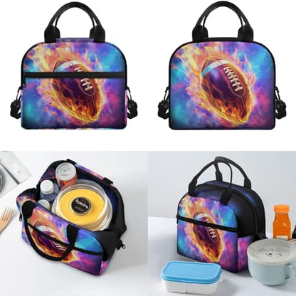 Flaming Football Backpack for Boys 8-12 Kids Backpack with Lunch Box Water Bottle Holder with Strap and Zipper Pencil Case 4PCS Set Bookbag with Compartments for School 17 inch Elementary - color: Flaming Football