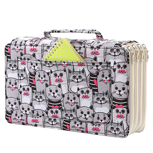 Colored Pencil Case- 300 Individual Slots Pencil Holder Pencil Bag Large Capacity Pencil Organizer with Handle Strap Handy Colored Pencil Box with Printing Pattern - color: Cat, size: 300