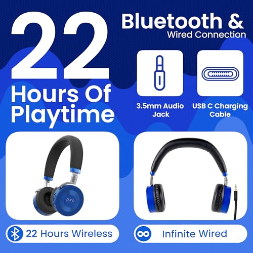 Puro Sound Labs JuniorJam Plus Volume-Limiting Wireless Bluetooth Headphones for Kids, Secure Audio with Adjustable On-Ear Design, 22-Hour Battery Life, Ideal for Tablets, Smartphones & PCs - Blue - color: Blue