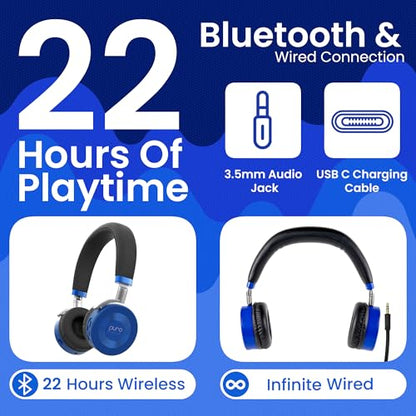 Puro Sound Labs JuniorJam Plus Volume-Limiting Wireless Bluetooth Headphones for Kids, Secure Audio with Adjustable On-Ear Design, 22-Hour Battery Life, Ideal for Tablets, Smartphones & PCs - Blue - color: Blue