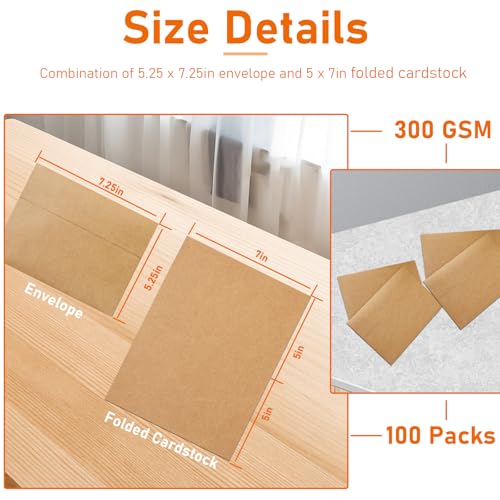 Guakicae 100 packs Blank Brown Note Cards and Envelopes 5 x 7 Heavyweight Folded Cardstock and Printable A7 Envelopes Self Seal for Greeting Cards, Festival Blessings, Wedding Invitations - color: Brown, size: 5x7-100pcs
