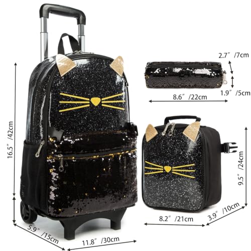Cat School Bags Kids Rolling Backpack for Girls Luggage Kids Suitcase With Wheels Trolley Wheeled Backpacks Travel Bags 3PCS Lunch Box Pencil Case Backpacks for Girl‘s Black - color: Black-220223-l