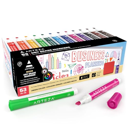 ARTEZA Dry Erase Markers, 52 Pack, 12 Assorted Colors, Low-Odor Whiteboard Markers with Japanese Chisel Tips for Offices, Classrooms, Planning Boards, Glass, and Plastic - color: 52 Colors