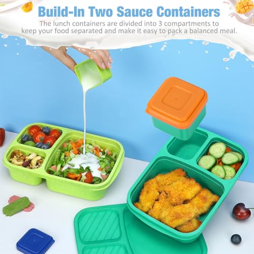 Caperci Bento Lunch Box Containers for Adults & Kids - 3-Compartment Reusable Meal Prep Containers with 2Pc Sauce Containers for School, Work, Travel, Wheat Straw, Set of 4 (Jewel Brights) - color: Jewel Brights
