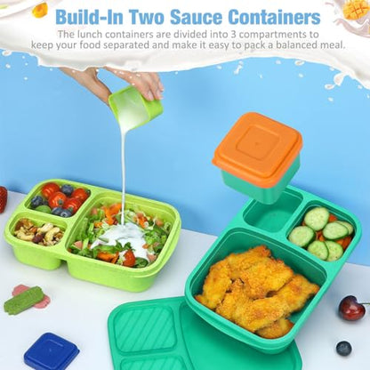 Caperci Bento Lunch Box Containers for Adults & Kids - 3-Compartment Reusable Meal Prep Containers with 2Pc Sauce Containers for School, Work, Travel, Wheat Straw, Set of 4 (Jewel Brights) - color: Jewel Brights