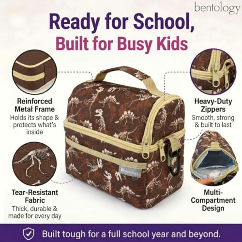 Bentology Dinosaur Lunch Bag for Kids, Reusable Insulated Lunch Box with Strap, Durable Brown School Cooler Tote for Boys & Girls, Take Out Lunch Pail with Handle, Zipper Compartments, Dino Print - color: Dinosaur