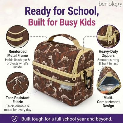 Bentology Dinosaur Lunch Bag for Kids, Reusable Insulated Lunch Box with Strap, Durable Brown School Cooler Tote for Boys & Girls, Take Out Lunch Pail with Handle, Zipper Compartments, Dino Print - color: Dinosaur