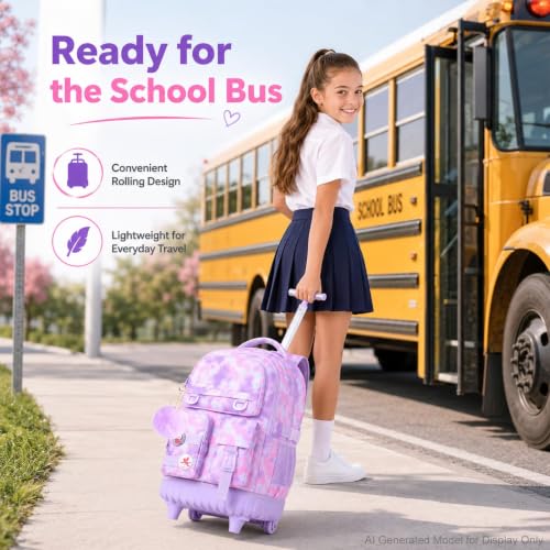 CCJPX Rolling Backpack for Girls, 3Pcs Roller Wheeled School Bookbag, Tie-dye Wheels Backpacks with Lunch Box for Kids (Pink) - color: Cloud Purple