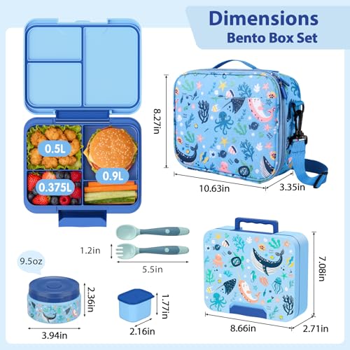 Kids Bento Lunch Box Set with 9.5oz Soup Thermo, Leak-Proof Lunch Food Containers with 3 Compartment and Removable Inner Tray, Insulated Hot Food Jar with Lunch Bag for School, Office, Sea Blue - color: Sea Blue