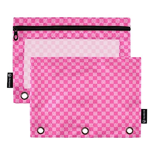 Pink Checkered Pencil Pouch for 3 Ring Binder 2 Pack Binder Pencil Pouches Zippered Clear Pencil Case Cosmetic Bag for Home Office College Supplies - color: 23-pink