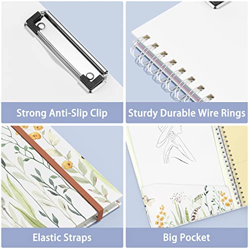 Rimilak Spiral Clipboard Folio with Refillable Lined Notepad, 14.5 x 9.8 In, Hardcover Cover with 5 Interior Pockets, Elastic Band and Pen Loop Series. Cute Stylish Clipfolio, Butterfly Flower - color: Butterfly Flower