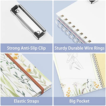 Rimilak Spiral Clipboard Folio with Refillable Lined Notepad, 14.5 x 9.8 In, Hardcover Cover with 5 Interior Pockets, Elastic Band and Pen Loop Series. Cute Stylish Clipfolio, Butterfly Flower - color: Butterfly Flower