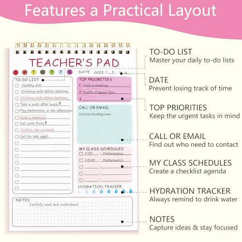 Newkita Teacher To Do List Notepad, 8.3x5.8 Inch Teacher Notepad, Spiral Checklist Notebook for Class Schedules, Daily Planner, School Tasks and Goal Setting (Pink) - color: Pink