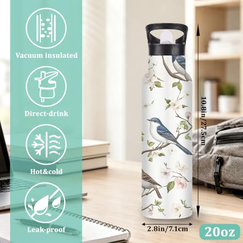 Bird Branch Insulated Water Bottle,Spring Blossom Stainless Steel Water Bottles 20 oz with Straw Lid,Leak Resistant Double Wall Insulated Flask with Handle for Travel Outdoor Gym - color: Bird Branch,Spring Blossom