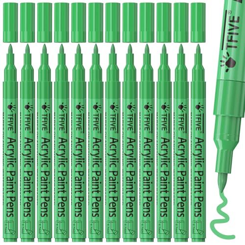 TFIVE 12 Green Acrylic Paint Markers, Permanent Paint Pens Extra Fine Tip | Waterproof, Quick Dry, Fade Resistant, 0.7mm Water Based Marker Pen for Rock, Wood, Plastic, Metal, Glass, Rubber - color: Green
