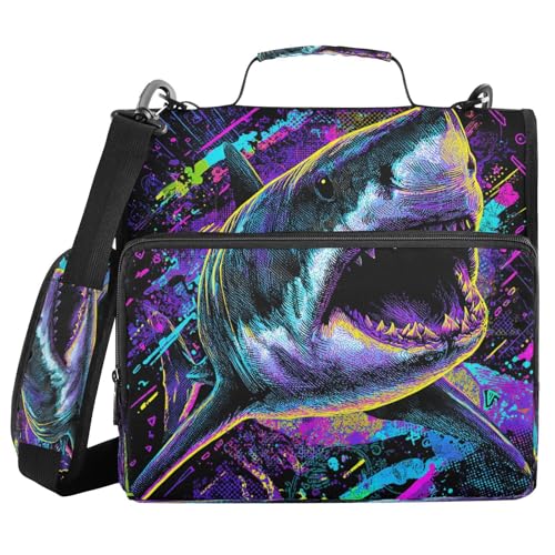 Neon Graffiti Shark Zipper Binder 3 Ring with Shoulder Strap 2 Inch Binder Holds 500 Sheets Multi-Pocket Organizer Zipper Binders Organizer for School Students Office - color: Multicolored.12