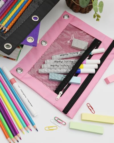 Pencil Pouch 3 Ring Binder: 3 Ring Binder Pencil Case Bag Zipper Pencil Pouch Bulk Holder Accessories Clear Window Pencil Case Aesthetic Pencil Organizer Pockets (Pink, 1), 3RB-muti - color: Pink