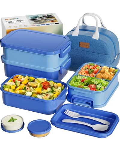 Adults Bento Box with Insulated Lunch Bag, 74oz Capacity 3 Stackable Leak-Proof Bento Box Built-In Utensil and Sauce, PFAS & BPA-Free, Microwave & Dishwasher Safe (Ocean Blue) - color: Ocean Blue