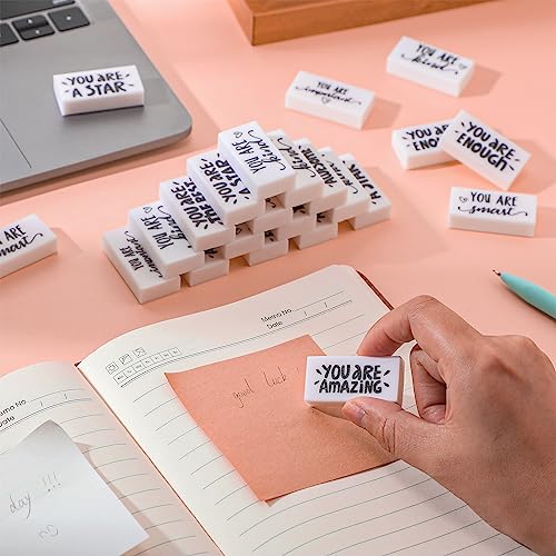 PerKoop 100 Pcs Erasers Bulk for Kids, Inspirational Back to School Pencil Eraser - White Fun Motivational Erasers Gifts for Kids Students Borradores Classroom Prizes School Office Supplies