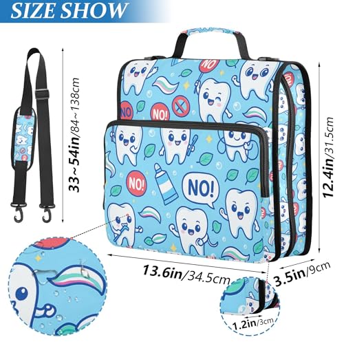 Dental Health Cartoon Teeth Blue Office Binder Organizer with Shoulder Strap Waterproof 1.5 Inch 3 Rings Pencil Bags Portfolio Binder Documents Files Organizer - color: Dental Health Cartoon Teeth Blue