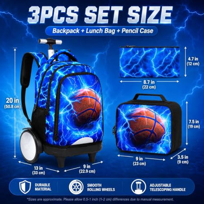 UFNDC Big Wheel Boys Backpack with Wheels, Water-Resistant Rolling School Bag with Lunch Box & Pencil Case, 3-Pack Kids Wheeled Bookbag Travel Set - Lightning Basketball - color: Rolling Backpack Lightning Basketball Blue