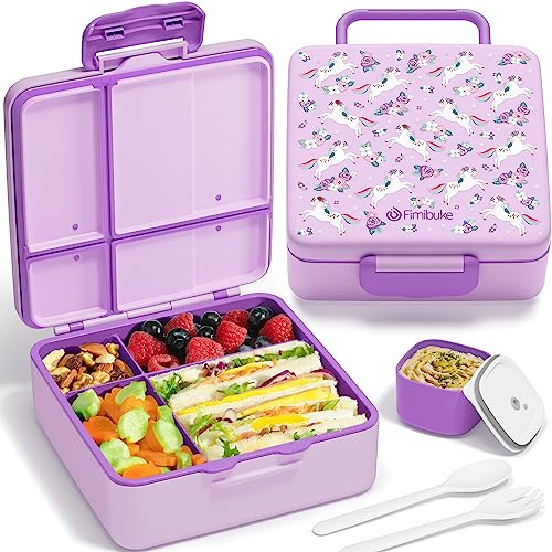Fimibuke Bento Lunch Box for Kids, Toddler Bento Box with 4 Compartments | Leak Proof BPA Free Dishwasher Safe Lunch Container with Utensils, Ideal Portion Sizes for Ages 3-12 Girls Boys for School - color: A17. Purple Unicorn