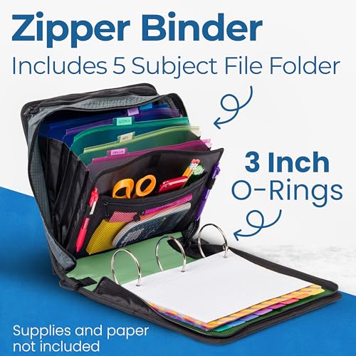 Case-it Mighty Zip Tab School Zipper Binder | 3-Inch O-Rings, 600-Sheet Capacity, 5-Subject Expanding File Folder, Multiple Pockets & Storage Organizer, Shoulder Strap | D-146 Canopy Green (Pack of 6) - color: J Green, size: 6 Pack