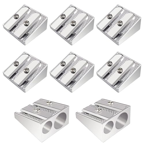 8 Pcs Metal Handheld Manual Pencil Sharpeners with Double Holes, Manual Pencil Sharpener with Double Holes，Sharp Steel Blades for Colored Pencils & Crayons, Non-Slip Gri